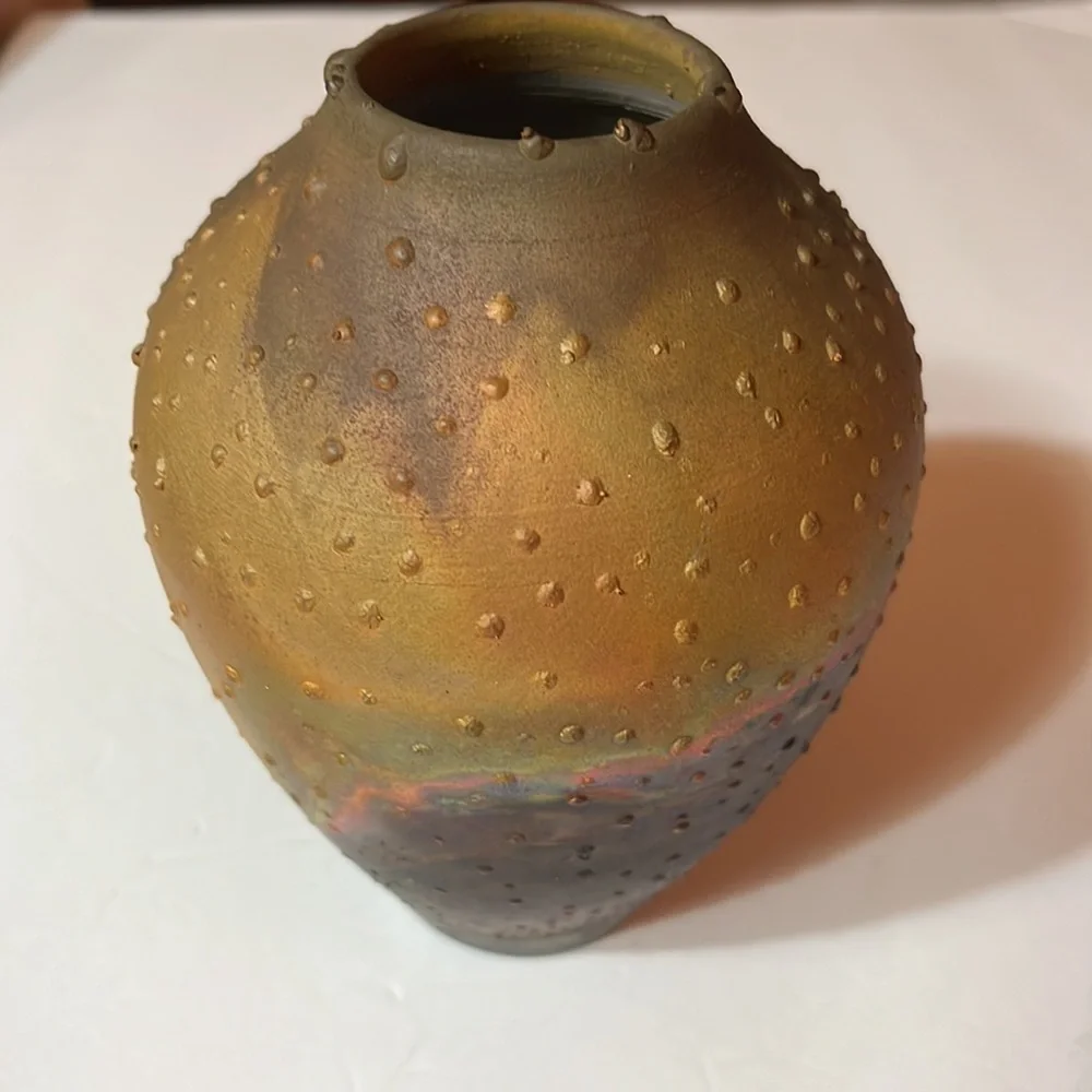Signed Norman Bacon, Textured Raku Glaze Art Pottery